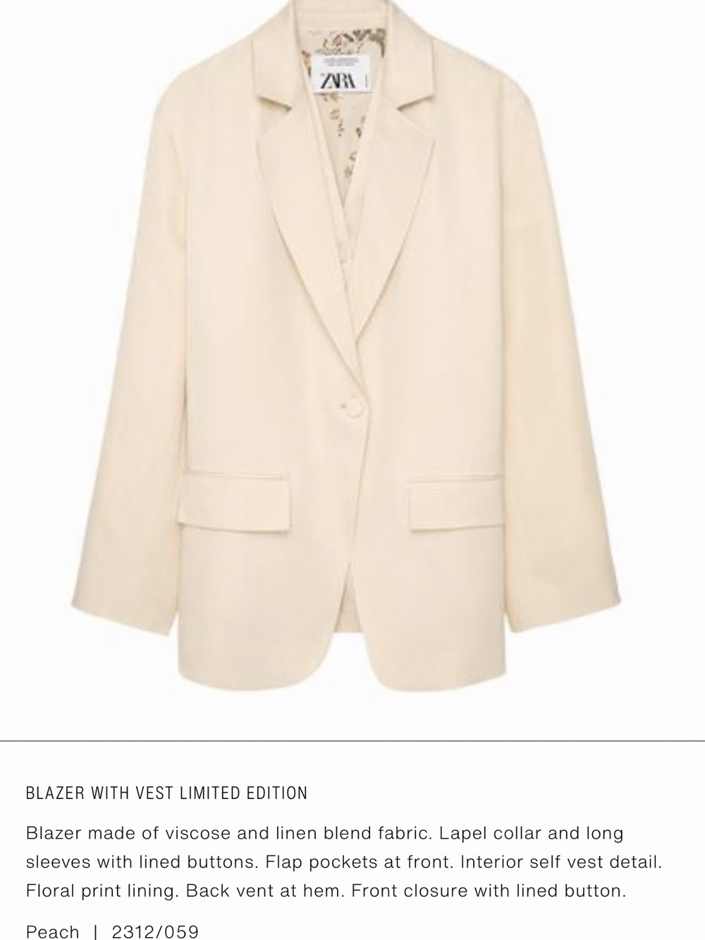 ZARA Peach Single-Breasted Blazer with Vest Detail